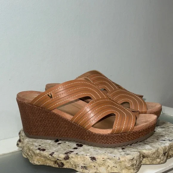 VIONIC MALORIE Raffia Natural Tan Leather Open Toe Slip On Wedge Sandals Sz 9.5 - Picture 3 of 16
